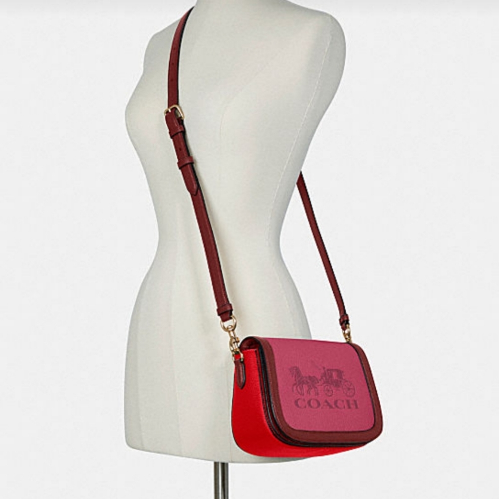 Coach Saddle with Horse & Carriage Leather Crossbody Colorblock Pink Ra - Picture 16 of 16